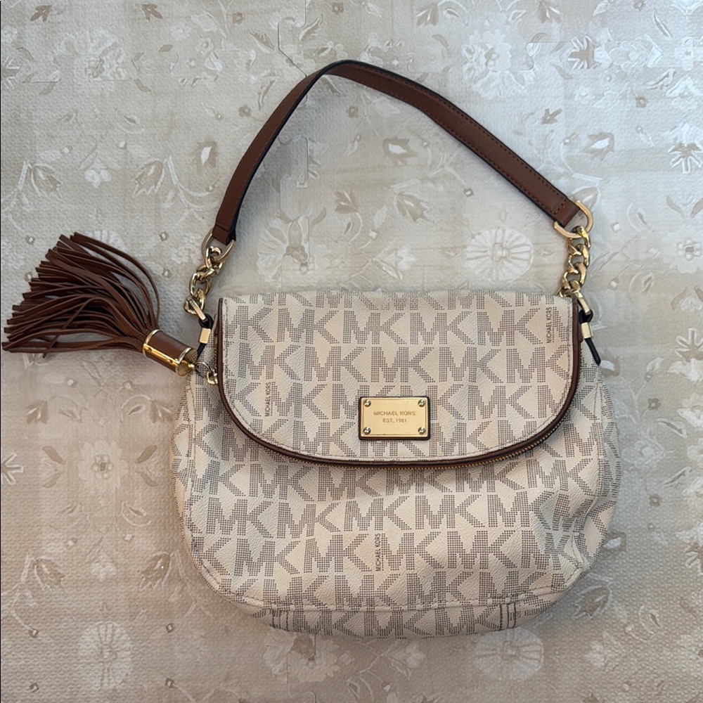 Michael Kors Cream and Brown Shoulder Bag with Tassel Charm